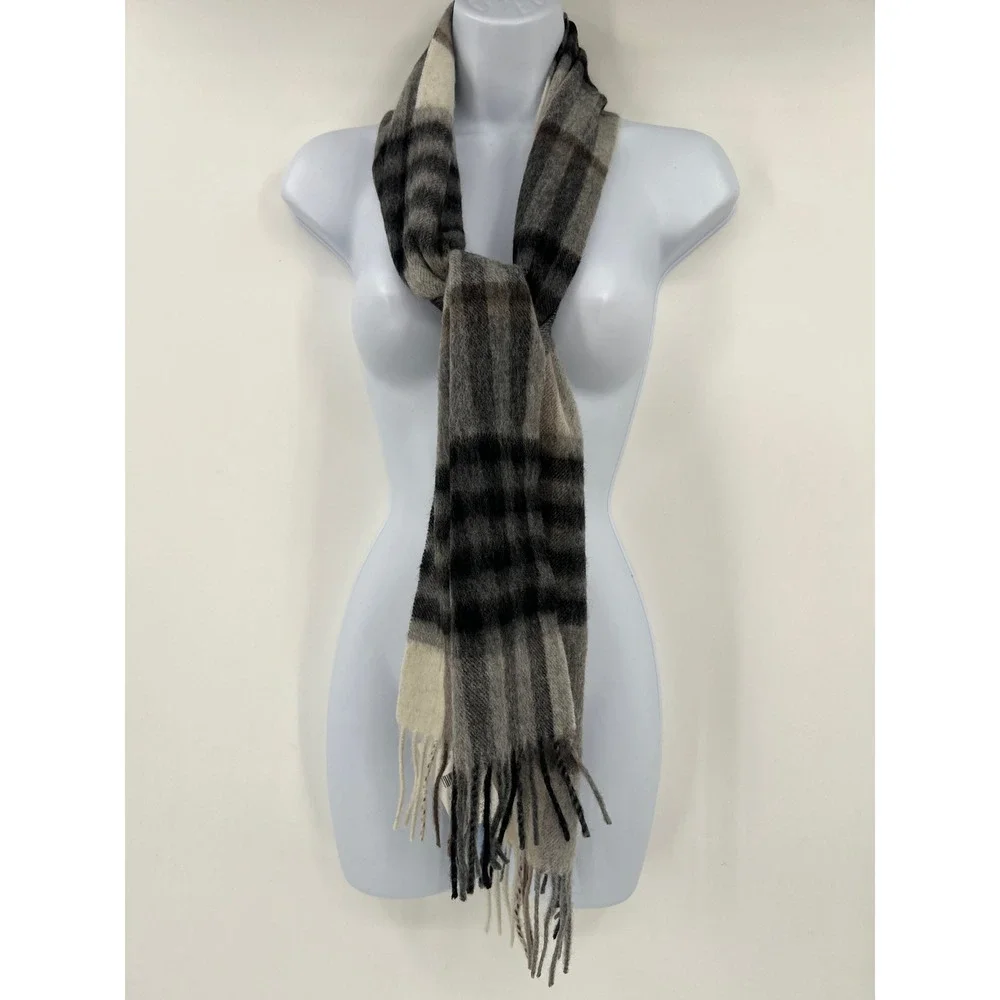 Edinburgh 100% Lambswool Tartan Scarf Chequer Gray Light Yellow NWT